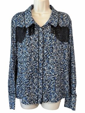 NWT Idyllwind x Miranda Lambert XL Blue Fringed Blouse Button Up Long Sleeve